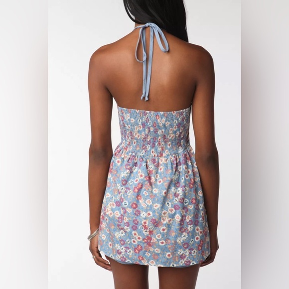 Urban Outfitters Pins and Needles Halter Skirted Romper Blue Floral Summer Large - Picture 6 of 10